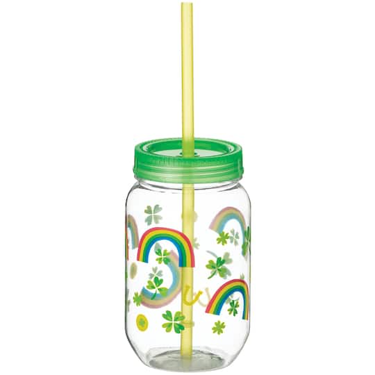 18.5oz. St Patricks&#x27; Day Lucky Mason Plastic Jar Cups, 4ct.